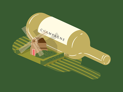 Wine Illustration - Champagne champagne field france illustration isometric simple vineyard windmill wine