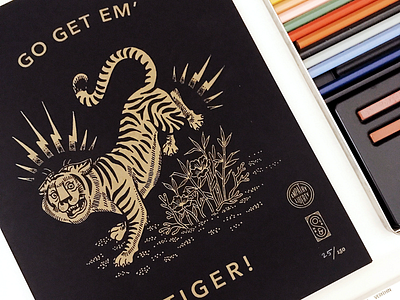 Go Get Em Tiger Letterpress Print bamboo hoodzpah letterpress lightning poster seal tiger vintage