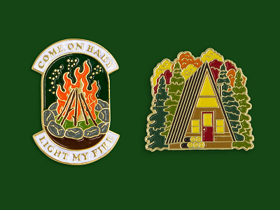 Baby Light My Fire & Cabin Enamel Pins autumn cabin camp enamel pin fire flame forest lapel pin retro