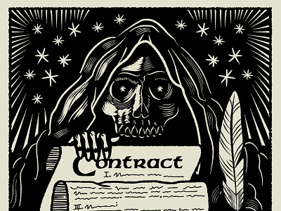 Contracts Are Scary block print contract etching feather quill reaper skeleton skull stars