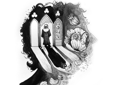 Mother Meditation Illustration 2 detail drawing flower illustration ink nun opium pen and ink poppy skeleton skull stained glass window