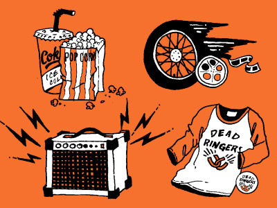 Dead Ringers icons amp bolts candy coke drive in graphic hand drawn icons illustration lightning bolt motorcycle movie movie reel popcorn reel sound t shirt tees theater