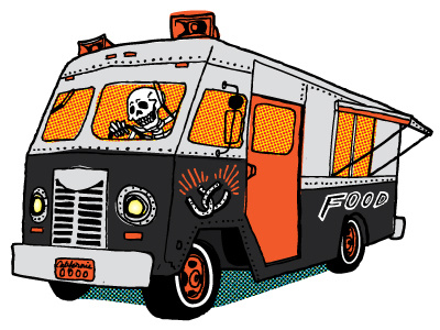 Food Truck Skeleton Colored In food truck half tone halftone horror illustration retro skeleton truck vintage