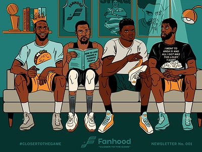 Fanhood newsletter illustration basketball hoodzpah illustration kevin durant kyrie irving lakers lebron james living room nba nets zion