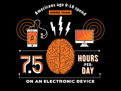 Utmg Infographic DETAIL 1 Black Version brain computer electronics graphic illustration halftone icons illustration infographic internet ipod lightning bolts music radio radio waves retro vector