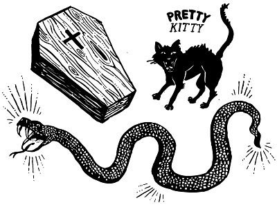 Active Board Flash Snake Cat Coffin black cat cat coffin hand drawn handdrawn horror illustration inda ink ink kitty occult scales snake viper wood
