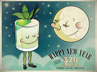 320 Main New Years illustration cartoon character clouds cocktail drink glass illustration lime mint mixology moon retro sky stars vector vintage