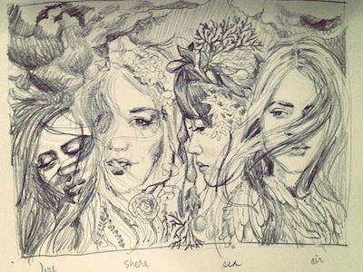 The Wilde Abyss Painting Thumbnail Sketch coral doodle feather feathers fire flowers girl hair painting poseys reef roses seaweed sketch smoke woman women