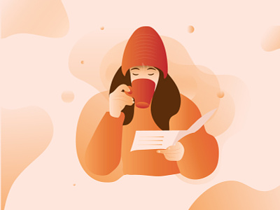A girl wearing hat and drinking coffee abstract illustration design flat illustration girl girl illustration girl reading book graphic design illustration modern illustration orange illustration