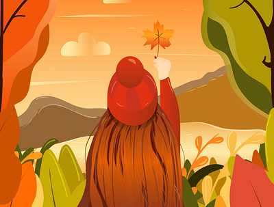 A girl with red hat enjoying Autumn 🍁🍂 autumn autumn color fall flat illustration girl girl illustration illustration landscape red hat season