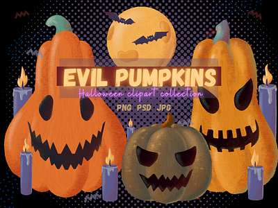 Evil Pumpkins clipart cute for kids halloween hand drawn pumpkins spooky texture