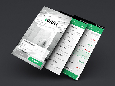 eOrder app for distributors android app button clean design flat green list login search ui ux