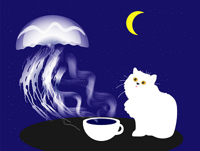 White cat and a cup of coffee. flat illustration minimal vector web