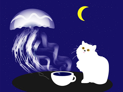 White cat and a cup of coffee.