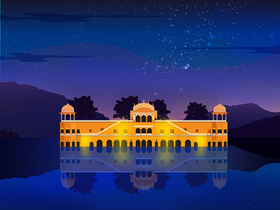 Jal Mahal art debute design flat illustration jaipur jal mahal landmark night water
