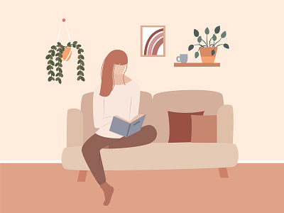 Girl reading a book books cozy cozy home flat illustration girl home hygge illustration plants sofa vector women