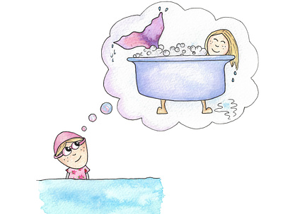 Mermaid Bath Dreaming bathtub childrens book goggles illustration swimming watercolor watercolours