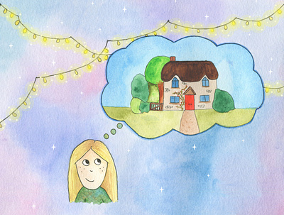 Day Dreaming of Home children childrens book childrens book illustration childrens illustration daydream daydreaming days fairytale home house illustration lights thinking twinkle watercolor watercolours