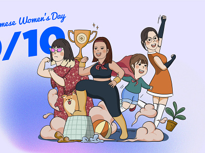 Happy Vietnamese Women's Day Event cartoon character chibi cute digital art gradient hand drawn happy womens day