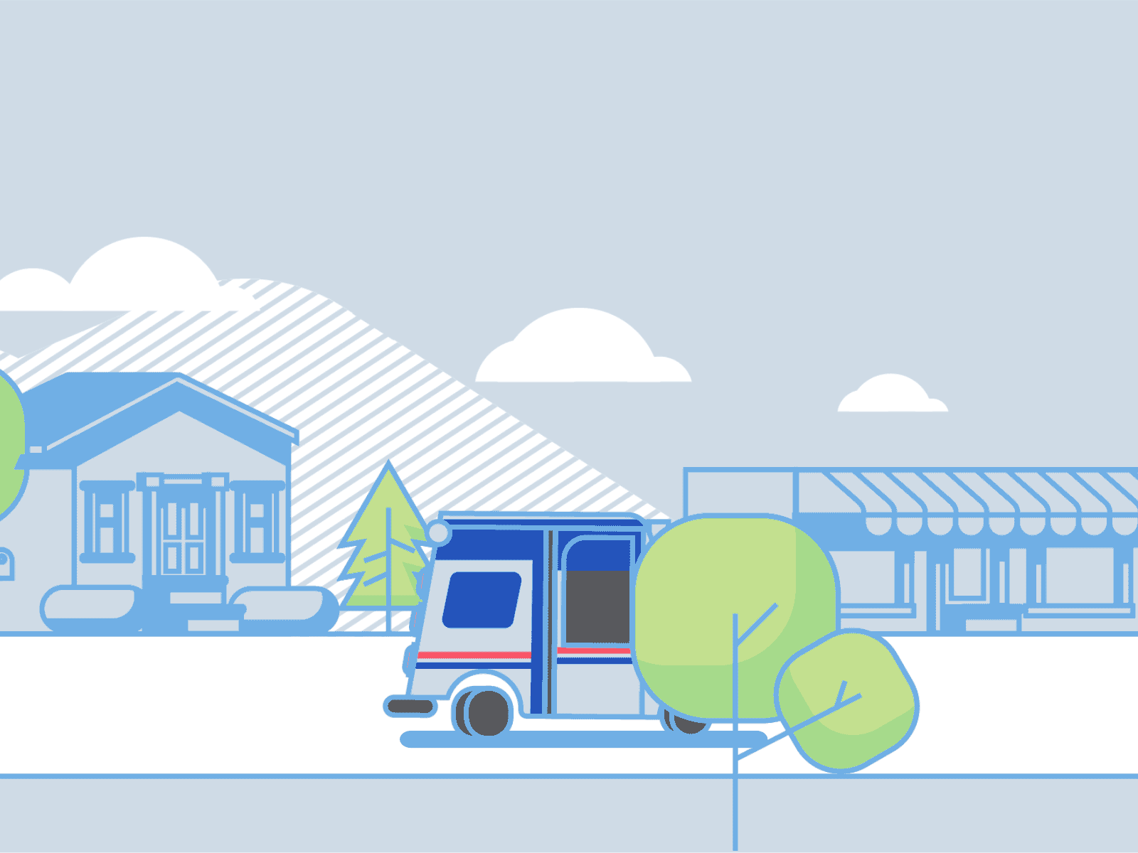 Mail Time animation drive graphic design house illustration mail mail truck monoline mountain panaramic road simple tree