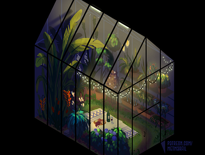 Isocmetric Green House at Night background design illustration isometric visual development