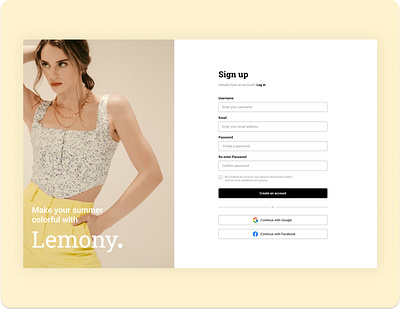 Lemony - Sign up page branding clothing fashion lemony log in log in page login sign in sign in page sign up ui ux web design web page