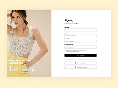 Lemony - Sign up page branding clothing fashion lemony log in log in page login sign in sign in page sign up ui ux web design web page