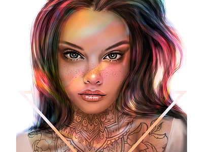 Lights beauty digital art digital portrait frackles girl illustration ink girl lights model neon lights portrait portrait illustration portraiture pure beauty rainbow rainbow hair realistic realistic portrait tattoo