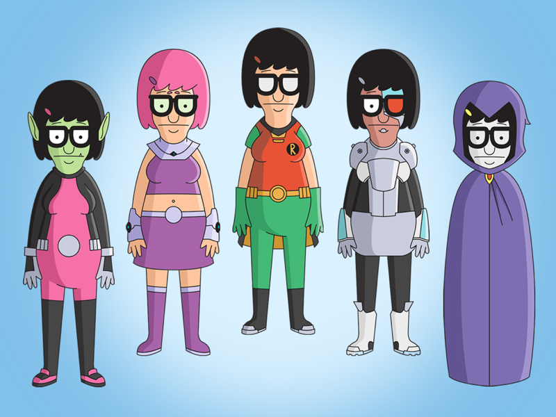 Teena Titans art beast boy bobs burgers cosplay cruxworldwide cyborg fan art graphic design mash up raven robin starfire teen titans vector