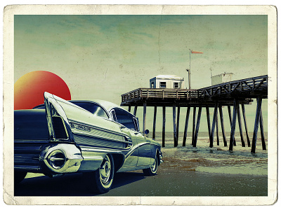 Retro Pier Vinatge Car beach car collage collage art crossprocess design digital art pier retouching retro retro design sun sunset vintage water