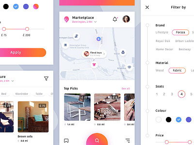 Marketplace app card e commerce filter furniture product search shop ui ux