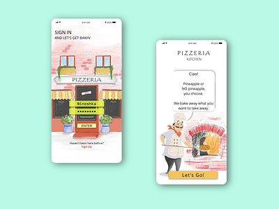 Pizzeria Concept App food food app illustration illustration art kitchen landing page landingpage login login page login screen mobile mobile app design mobile design mobile ui pizzeria sign in signup ui