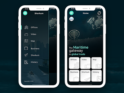 Maritime Trade application home screen icons left menu map mobile trade uiux