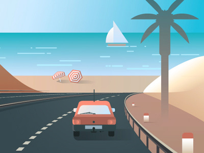 Summer illustration - detail 2 2d beach car highway illustration palm tree road summer