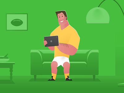 Quick shot from an upcoming explainer video - 6 character design green rugbyman sit sofa tablet