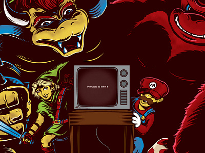 Press Start 8 bit bowser donkey kong illustration mario nintendo video games zelda