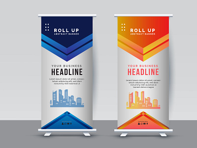 Modern Roll Up Banner Design Template ad advertisement art banner blue business display event exhibition illustration leaflet mock up polygon profile publication pull simple stand vector vertical