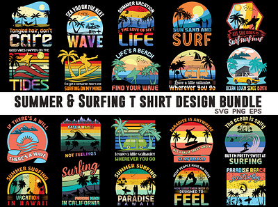 Summer, Ocean, Beach and Surfing T Shirt Design Bundle graphic design typography t shirt