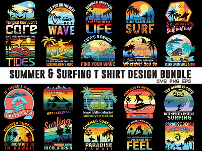 Summer, Ocean, Beach and Surfing T Shirt Design Bundle graphic design typography t shirt