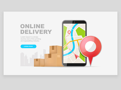 Online delivery service 3d background city concept delivery design illustration mobile online service smartphone template ui vector