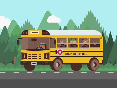 Camp WaterFalls: School Bus aftereffects animal characters camp colorful illustrator kids nature school bus traveling vector animation website animation