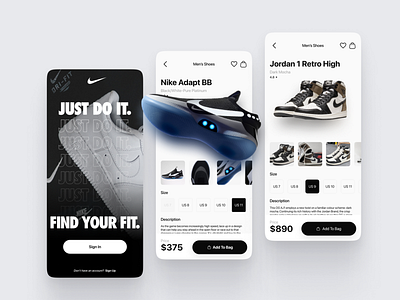 Nike Shoe Store Mobile App UI Design design e commerce app figma mobile app design mobile design mobile shoe store app nike nike app design nike mobile design nike shoe store app ui product design shoe store app shoe store app design ui uiux