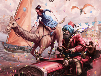 The Great Race (cropped) digital painting illustration whimsical
