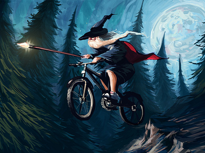 Wizard on a Bike digital painting fantasy illustration whimsical