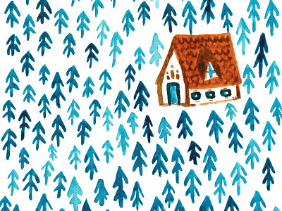 Hidden blue cottage orange paint pine trees watercolor