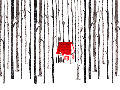 Hidden house illustration inktober red watercolor woods