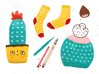 Stickers 01 cactus charcoal chestnut hand drawn hat pastel socks stickers