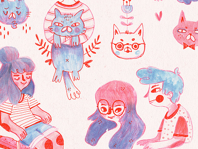Mauve Doodles cats illustration mauve pink sketch