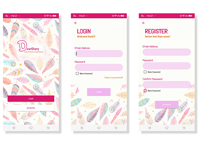 DearDiary Welcome page,Login page and Register page adobe xd android app design android app ui login page login shot register page register shot signup page uidesign welcome page welcome shot