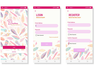 DearDiary Welcome page,Login page and Register page